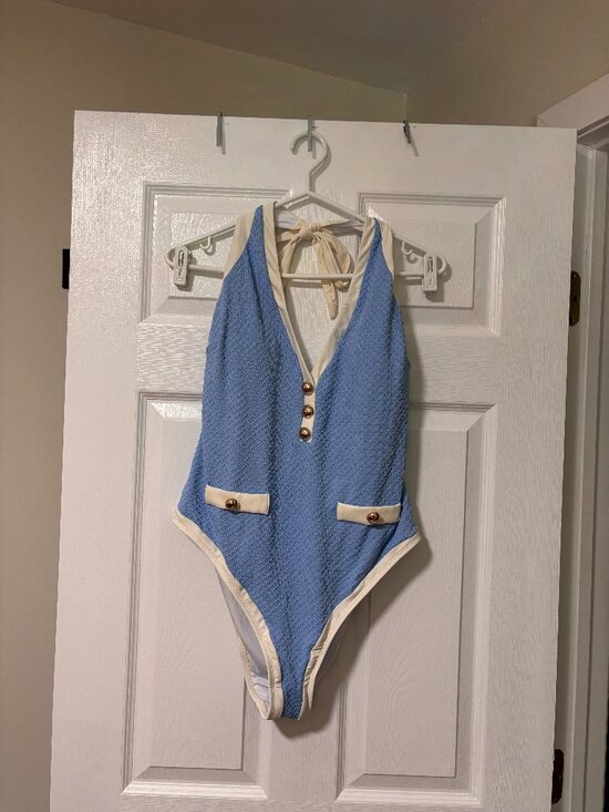 Cupshe Other - Light Blue Textured One-Piece Swimsuit | Gold Button Halter | NWT (XL)